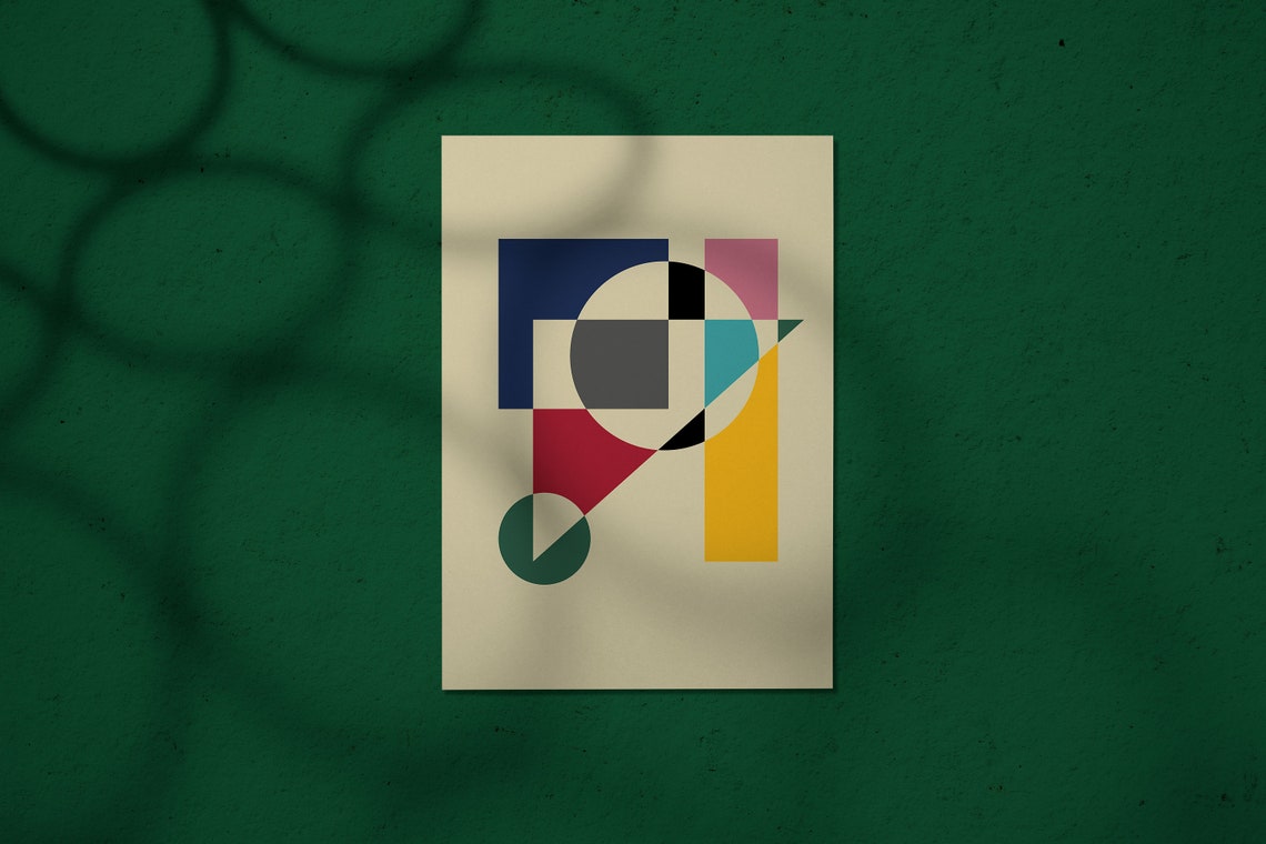 Bauhaus Geometric Abstract Poster Colorful Circles Squares Beige Art - Image 4