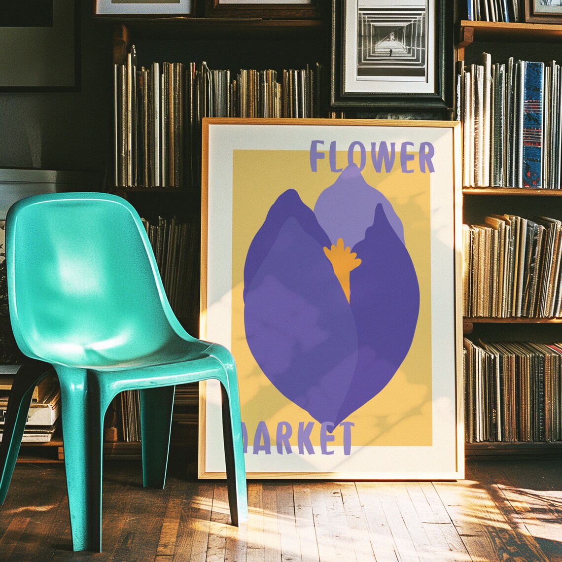 Purple Iris Blossom on Yellow Retro Flower Market Art Poster - Image 4