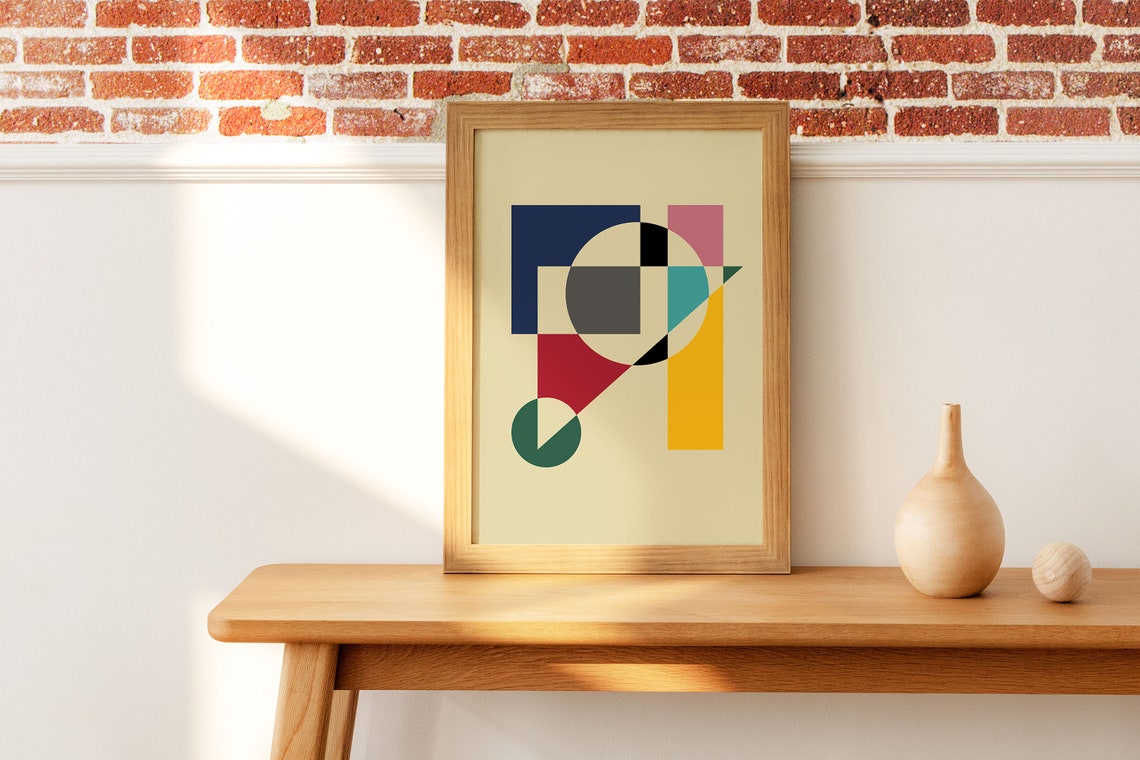 Bauhaus Geometric Abstract Poster Colorful Circles Squares Beige Art - Image 3