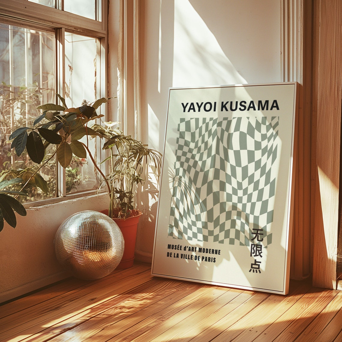 Yayoi Kusama Style Sage Green Checkered Wave Exhibition Art Poster - Image 4