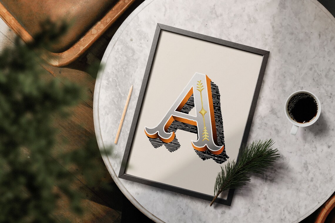 Letter A Orange Gold Serif Alphabet Typography Eclectic Home Decor Poster - Image 4