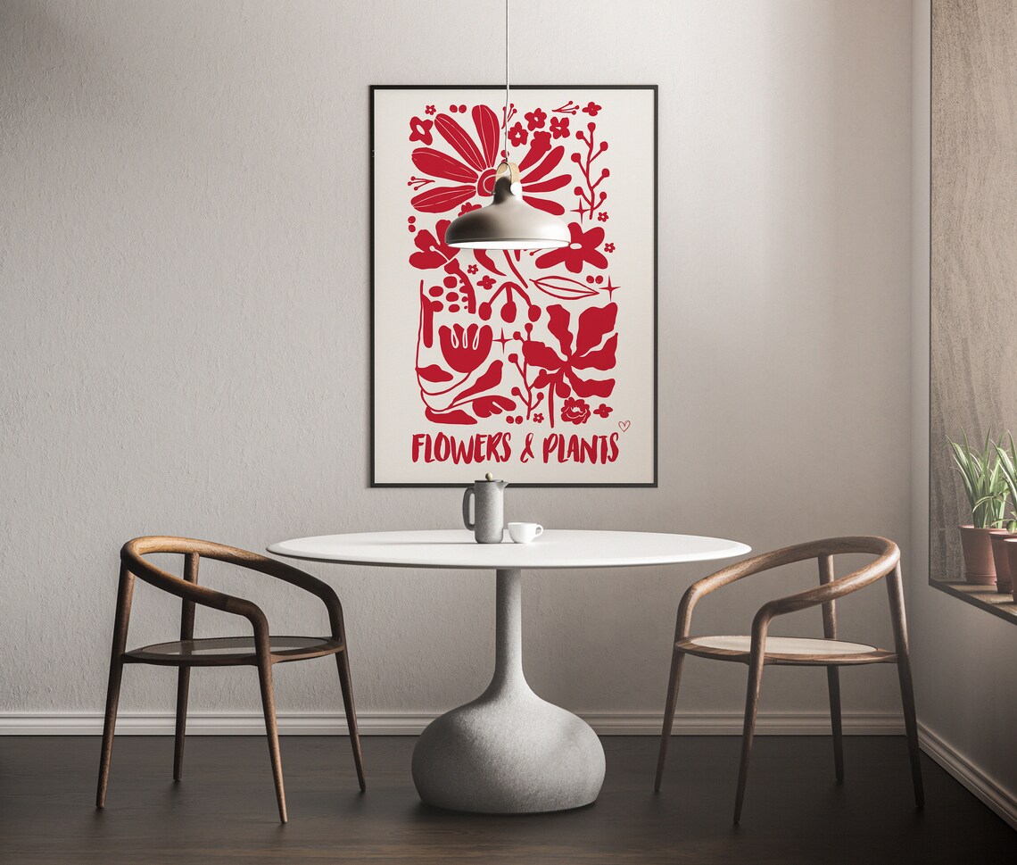 Bold Red Flowers and Plants Vintage Botanical Silhouette Art Poster - Image 5