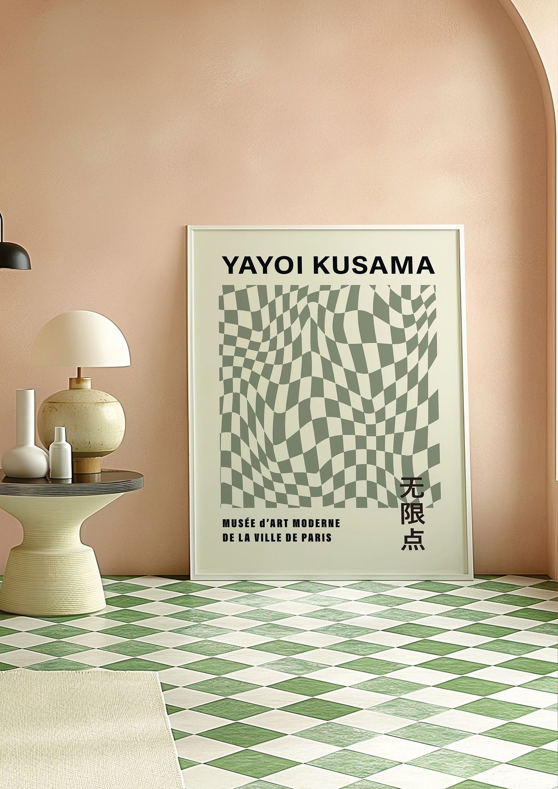 Yayoi Kusama Style Sage Green Checkered Wave Exhibition Art Poster - Image 3
