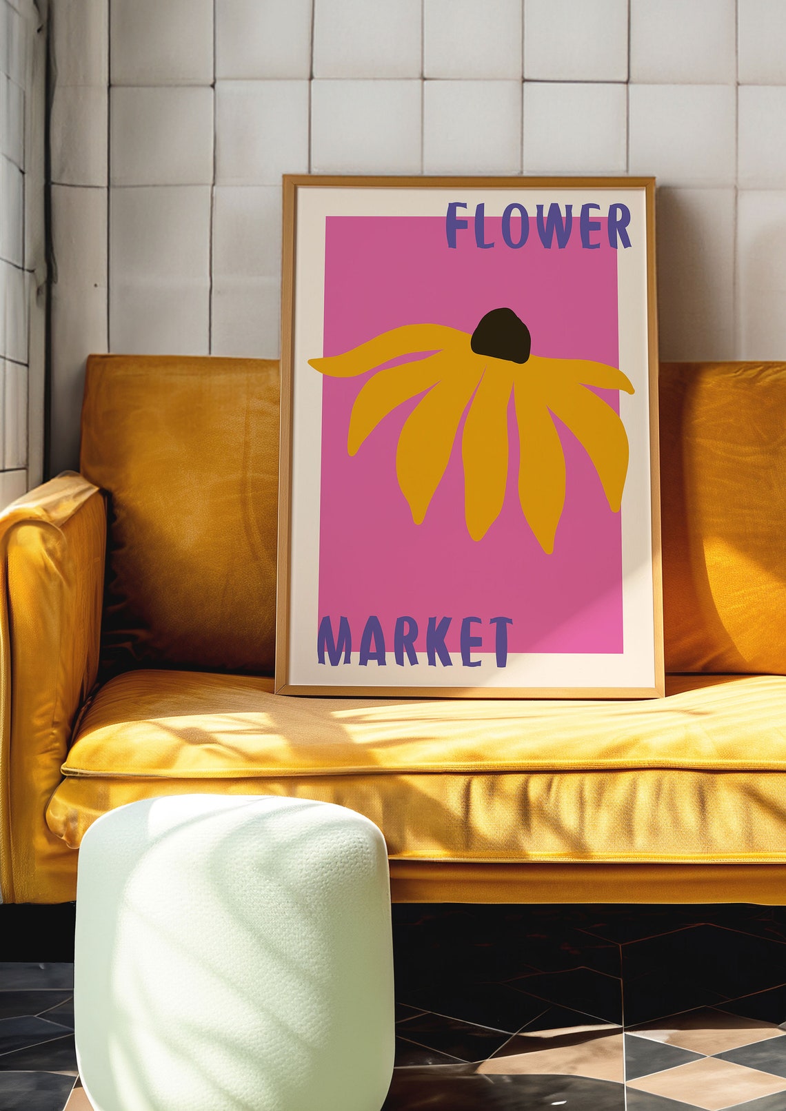 Yellow Coneflower on Hot Pink Retro Flower Market Art Poster - Image 4