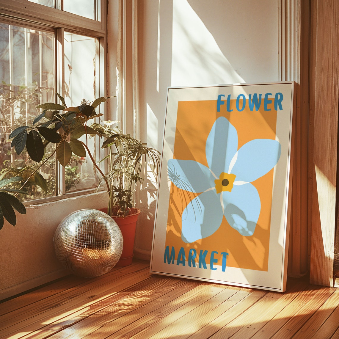 Blue Flower with Golden Center on Orange Vintage Market Poster