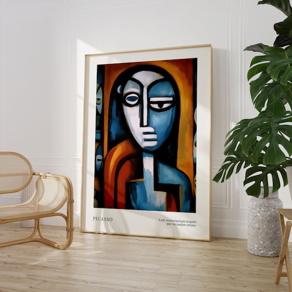 Blue Fragmented Cubist Woman Face in Modernist Picasso Style Poster