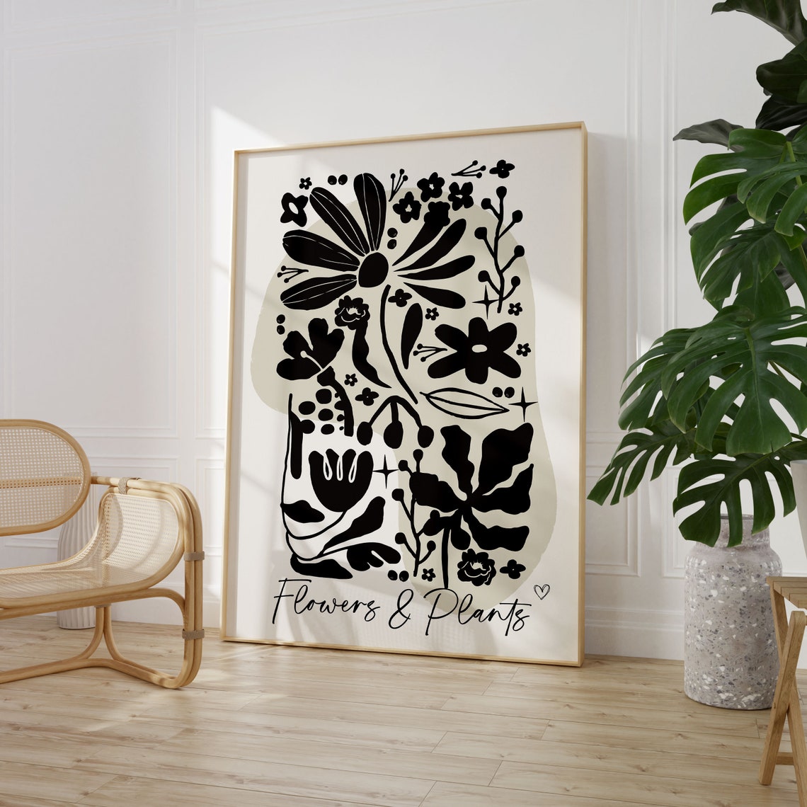 Black and Cream Flowers and Plants Elegant Script Botanical Poster