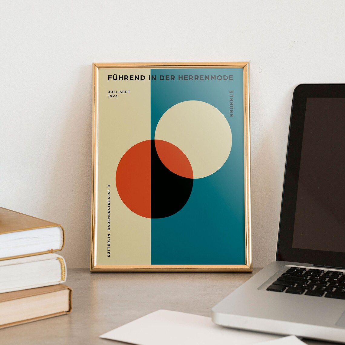 Bauhaus Overlapping Circles Teal Cream Vintage Geometric Poster - Image 3