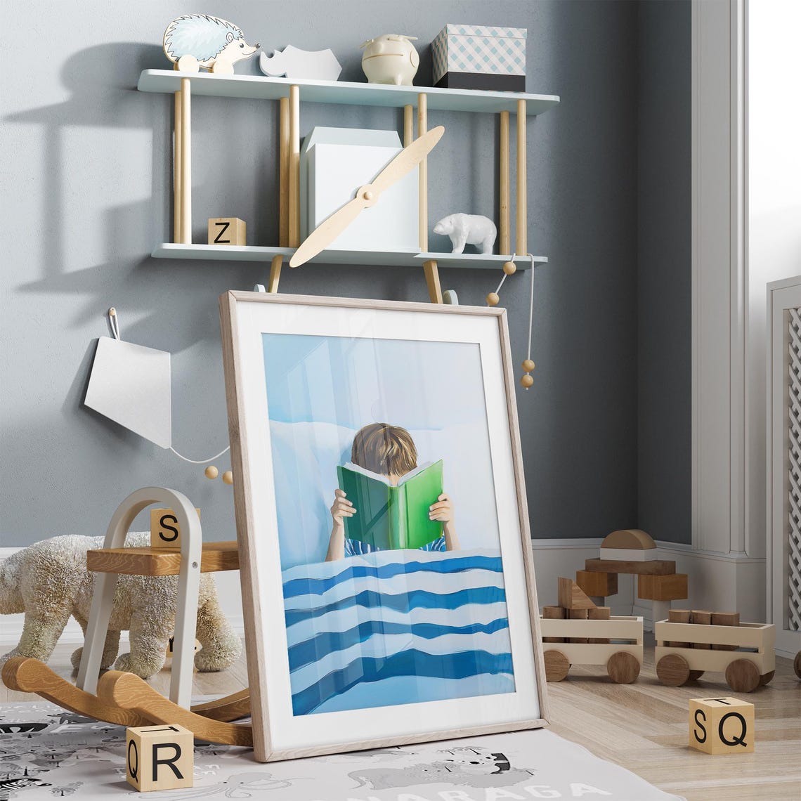 Little Boy Reading Green Book in Striped Bed Blue Bedroom Poster - Image 4