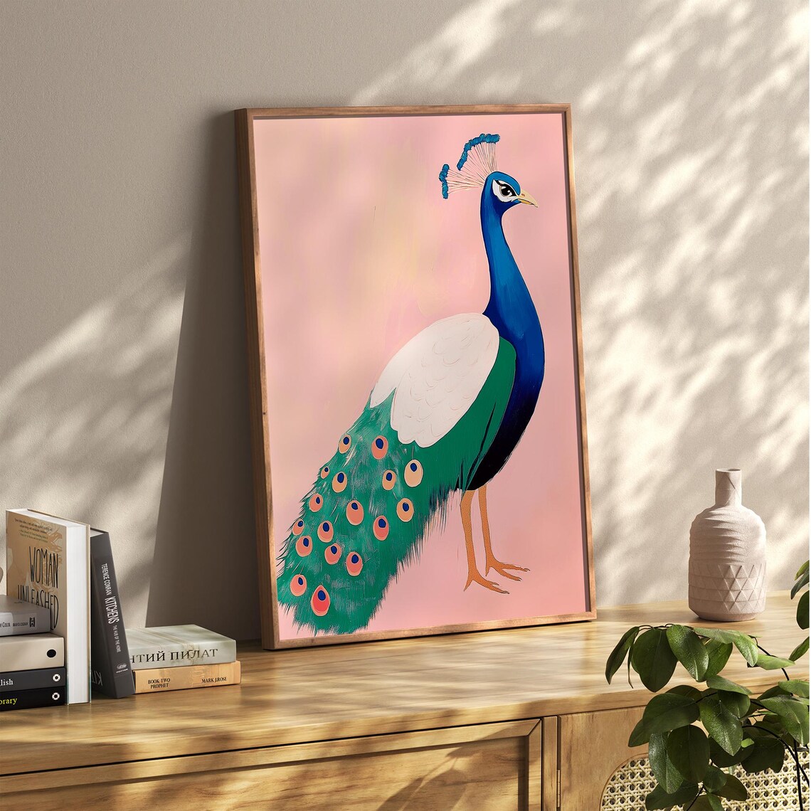 Vivid Blue and Green Peacock on Pink Background Bird Art Poster - Image 2