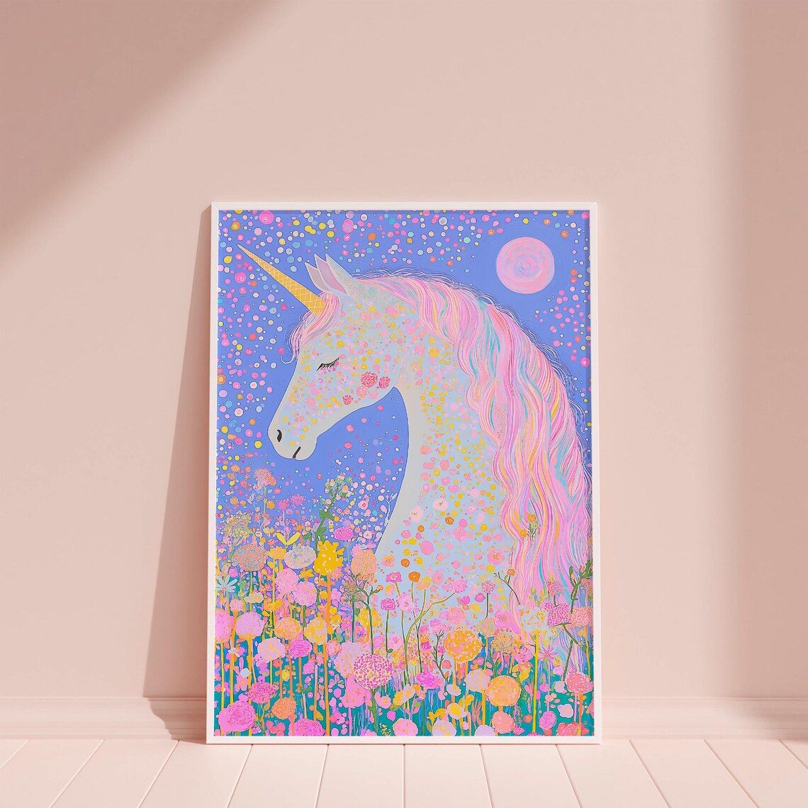 White Unicorn in Starry Night Flower Garden Pink Moon Fantasy Poster - Image 2