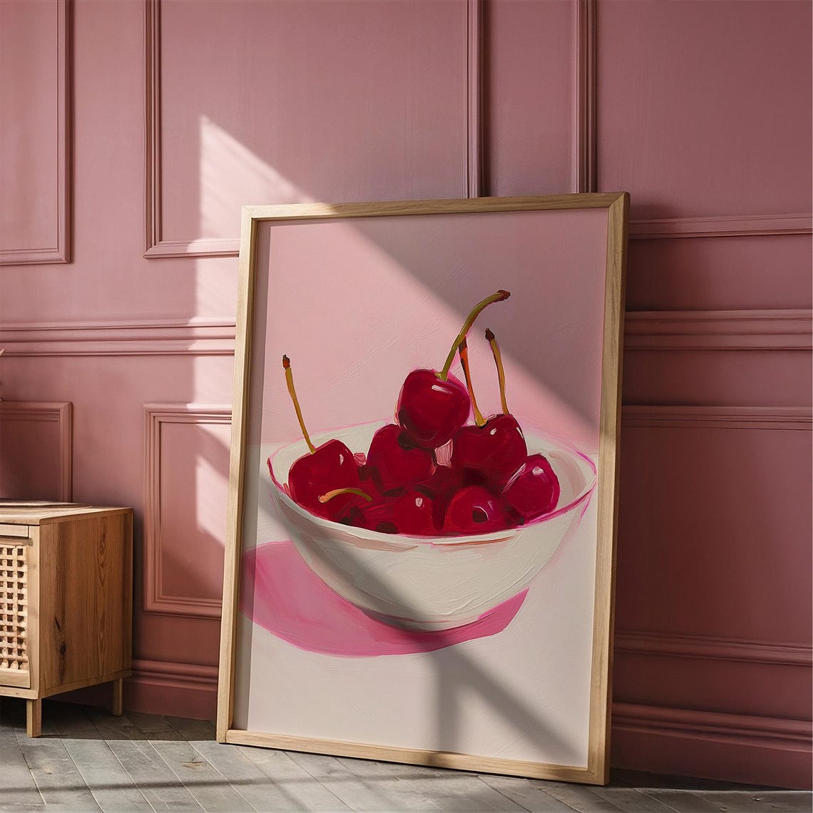 Bowl of Red Cherries Pink Background Summer Fruit Kitchen Poster - Image 4