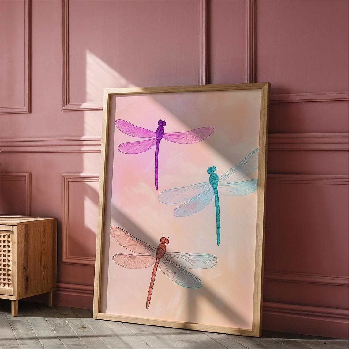 Three Colorful Dragonflies On Soft Peach Botanical Art Poster - Image 4