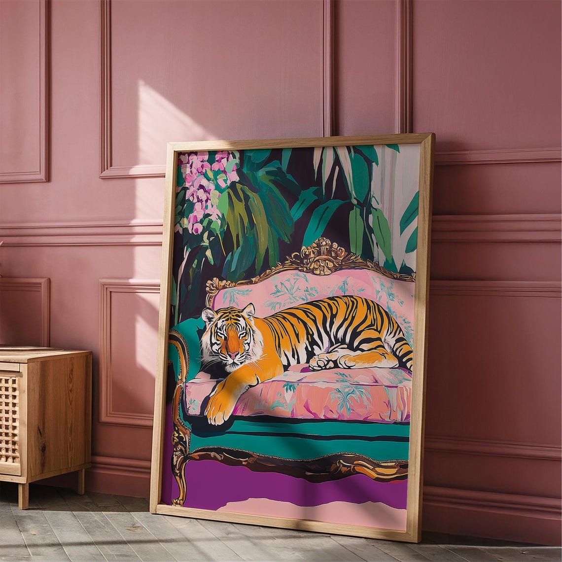 Bold Tiger Lounging on Pink Vintage Sofa in Tropical Jungle Poster - Image 4