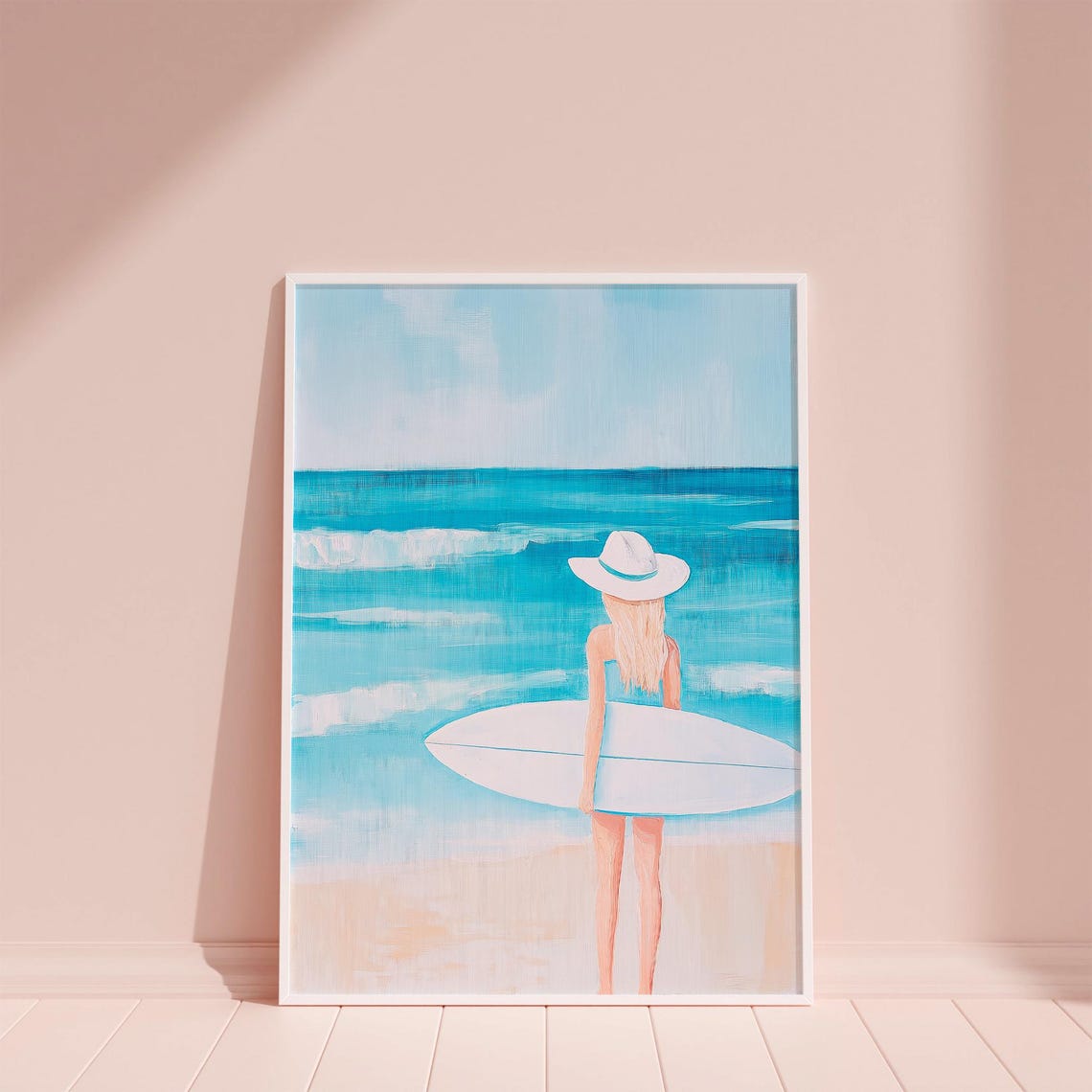 Blonde Surfer Girl With Hat And Board At Turquoise Beach Poster - Image 6