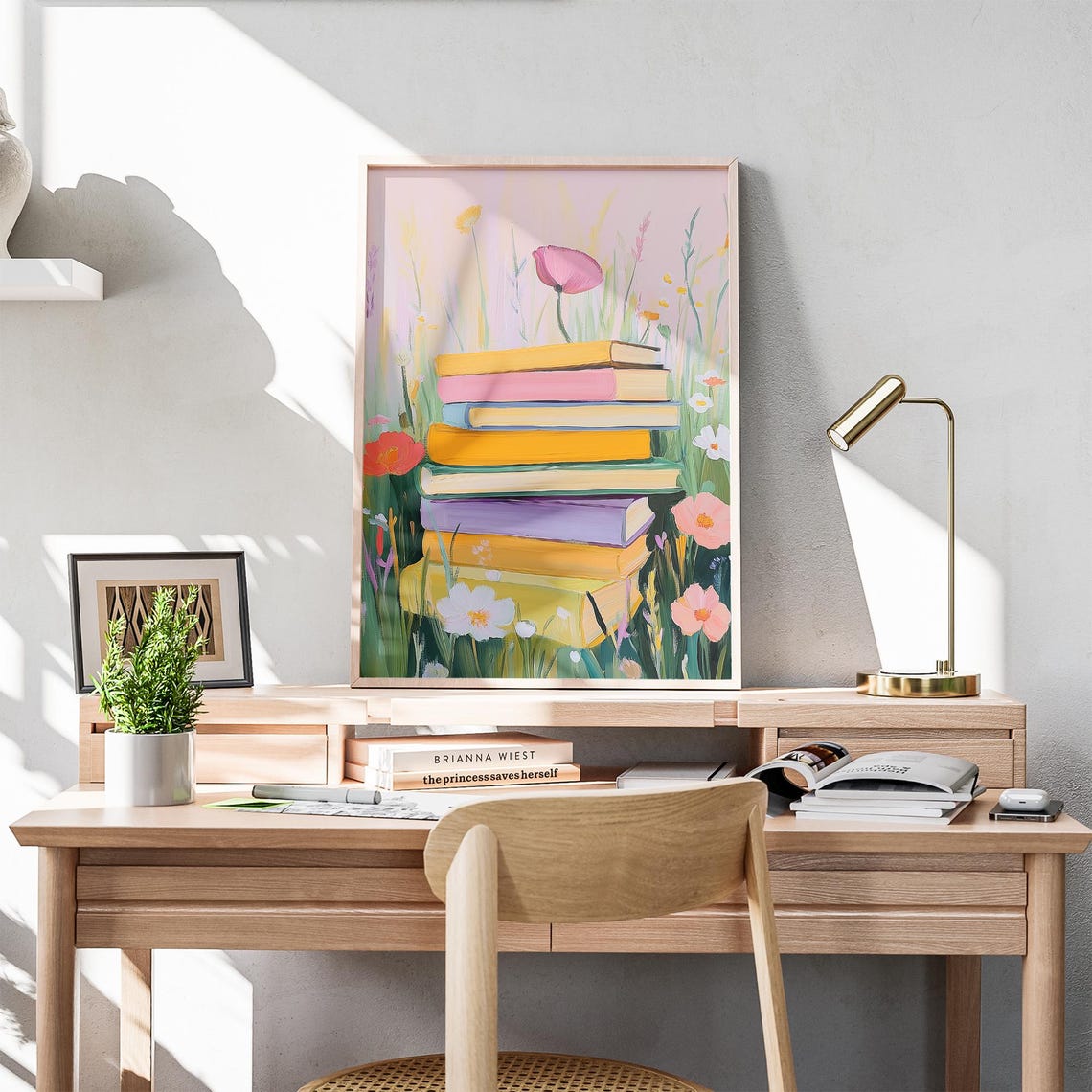 Pastel Book Stack in a Wildflower Meadow Under a Pink Sky Poster - Image 6