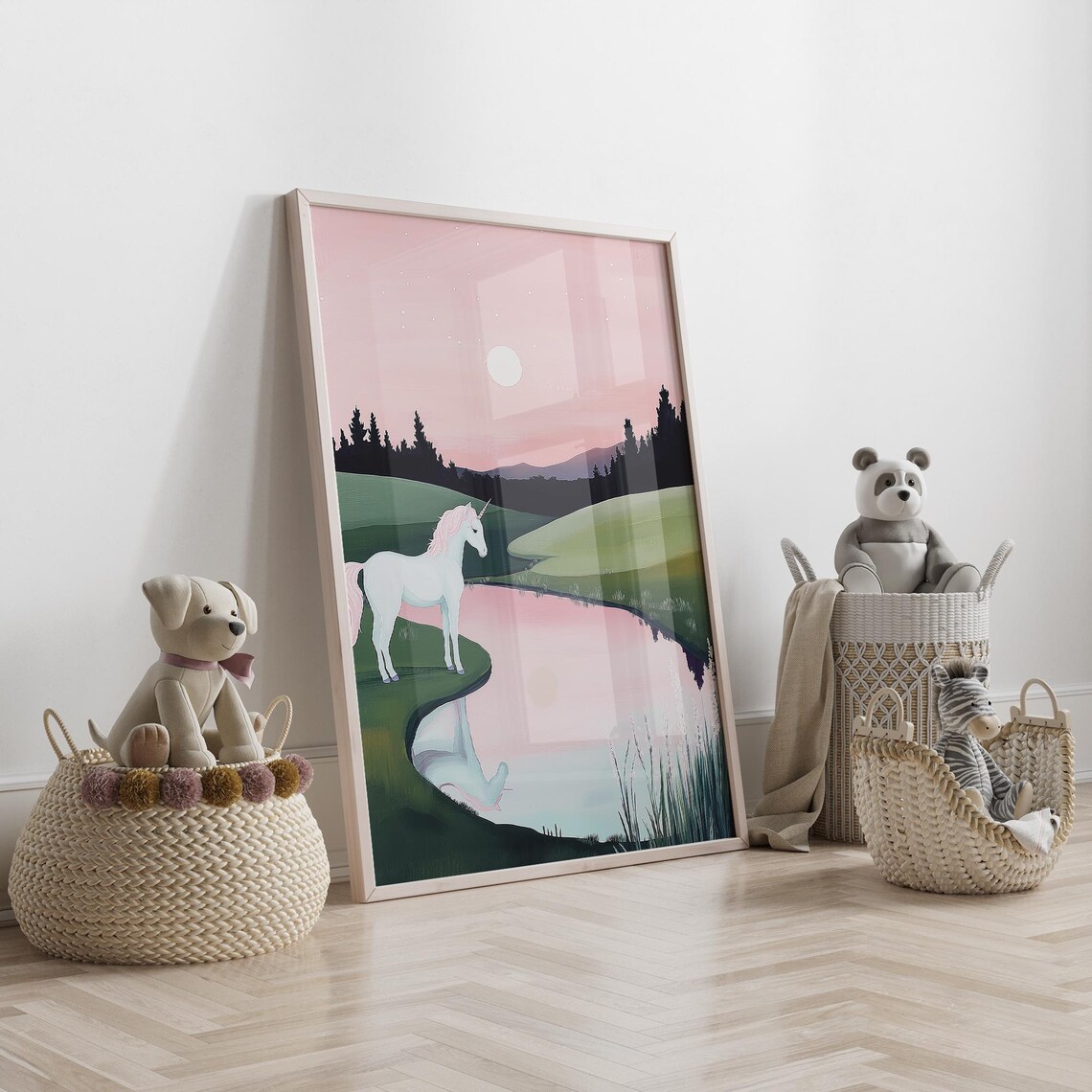 Unicorn by the Lake at Sunset Pink Sky Reflection Fantasy Poster - Image 2