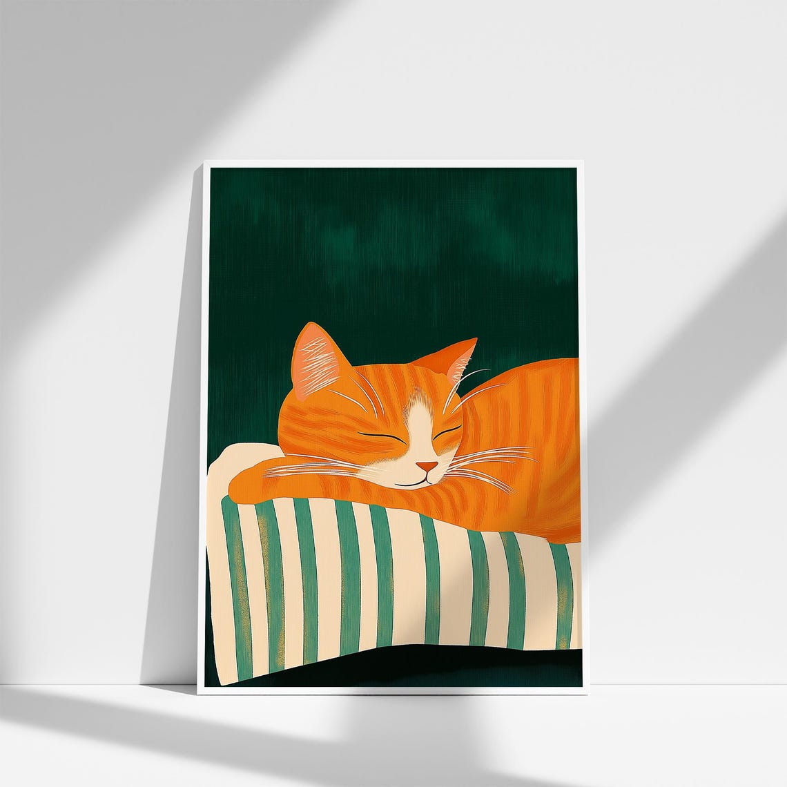 Orange Tabby Cat Sleeping on Striped Cushion Cozy Green Poster - Image 4