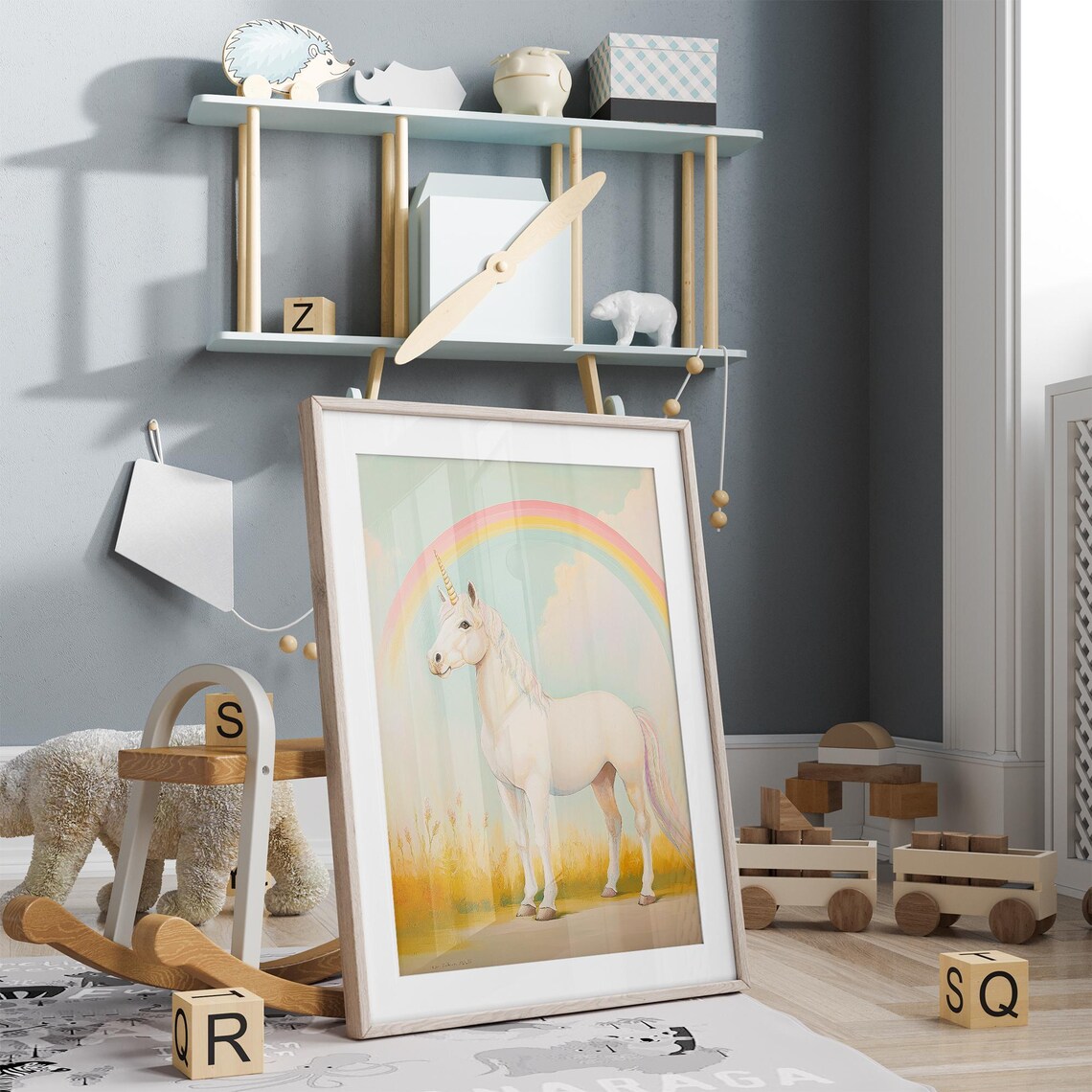 White Unicorn Under a Rainbow in a Golden Field Girls Room Poster - Image 5