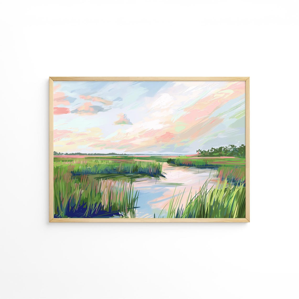 Lush Green Marsh Wetlands With Soft Pink Sky Reflections Poster - Image 3