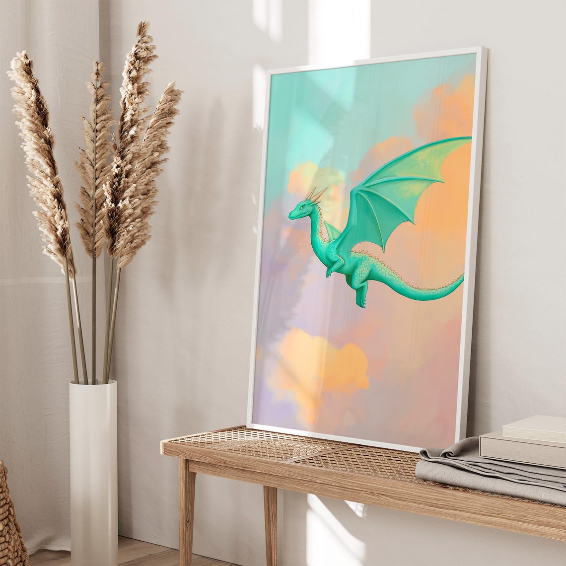 Teal Flying Dragon Soaring Over Pastel Clouds Fantasy Kids Poster - Image 3