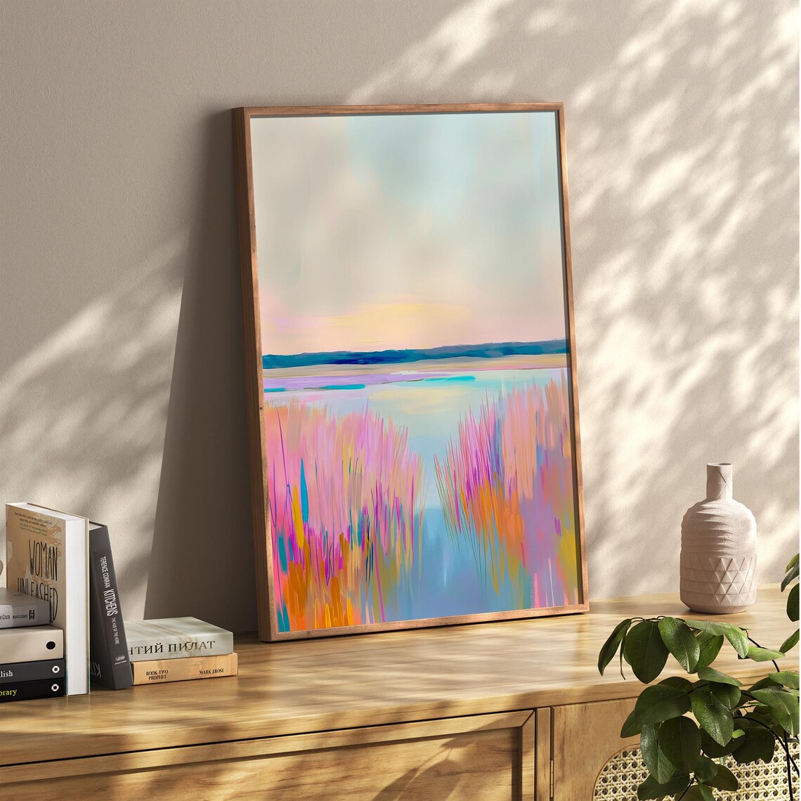 Pink Grass Lakeshore at Sunset Pastel Abstract Nature Poster - Image 2
