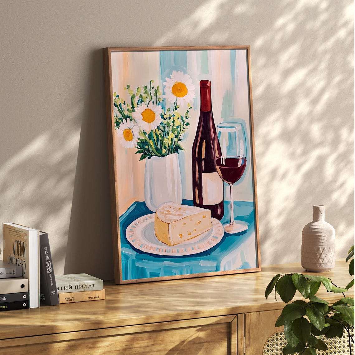 Wine and Cheese Still Life With Daisies French Kitchen Poster Art - Image 5