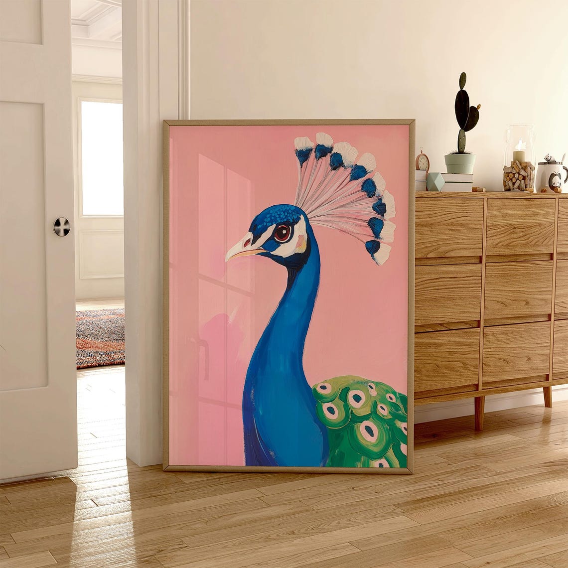 Regal Blue Peacock Portrait on Pink Bird Lover Wall Decor Poster - Image 6