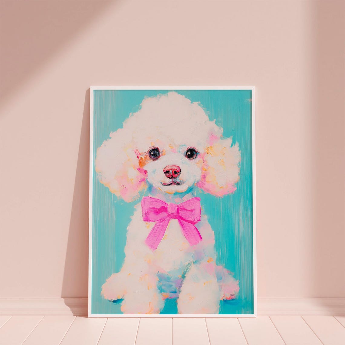 White Poodle Puppy With Pink Bow Turquoise Dog Portrait Poster - Image 6