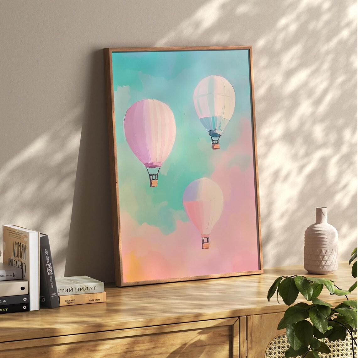 Pastel Hot Air Balloons Magical Kids Playroom Colorful Girls Room Poster Whimsical Playroom Art Girly Pastel - Image 2