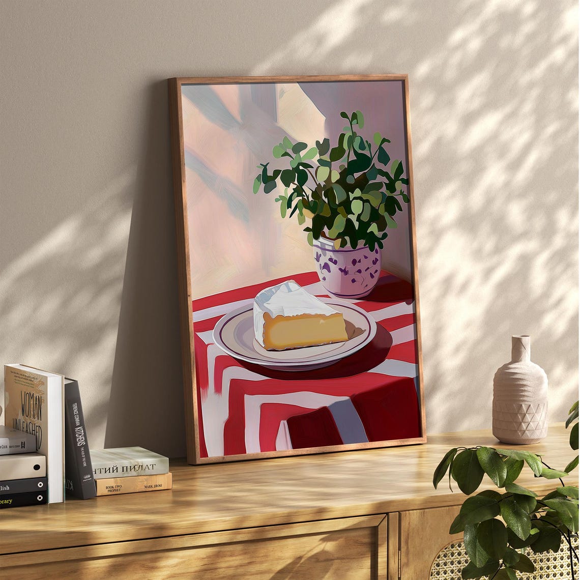 Camembert Cheese Wedge Still Life With Plant French Kitchen Poster - Image 3