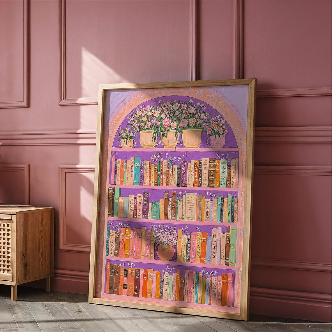 Pink Library Bookshelf Arch Floral Roses Reading Nook Wall Art - Image 4