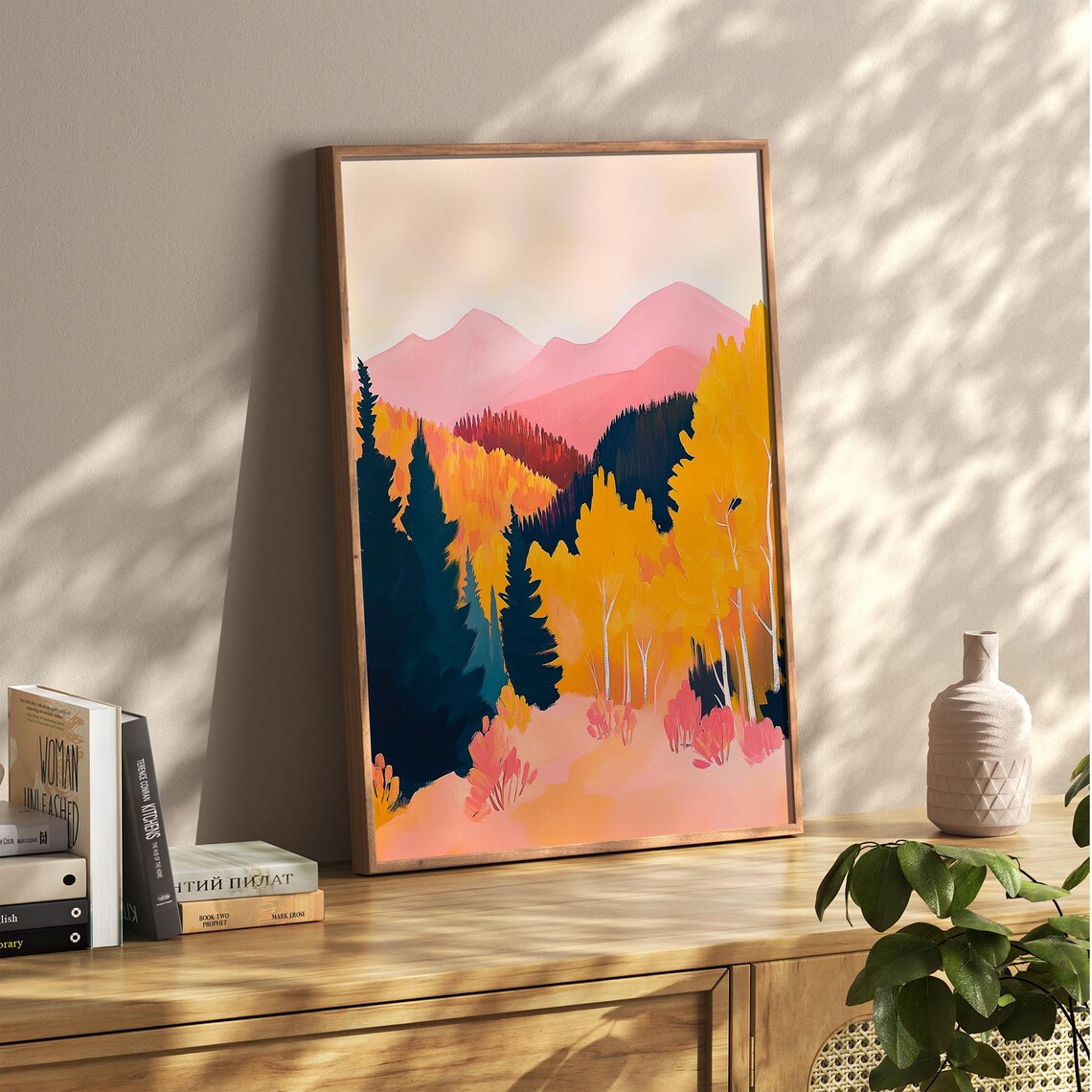Autumn Forest With Pink Mountains Fall Landscape Nature Poster - Image 5