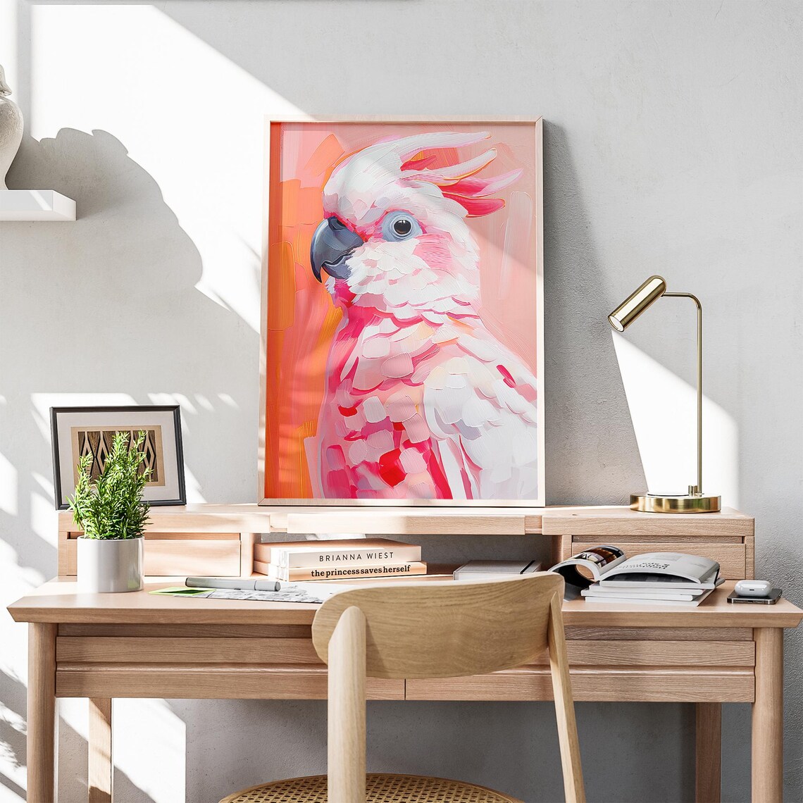 Pink Cockatoo Portrait Impasto Bird Painting Tropical Wall Art - Image 3
