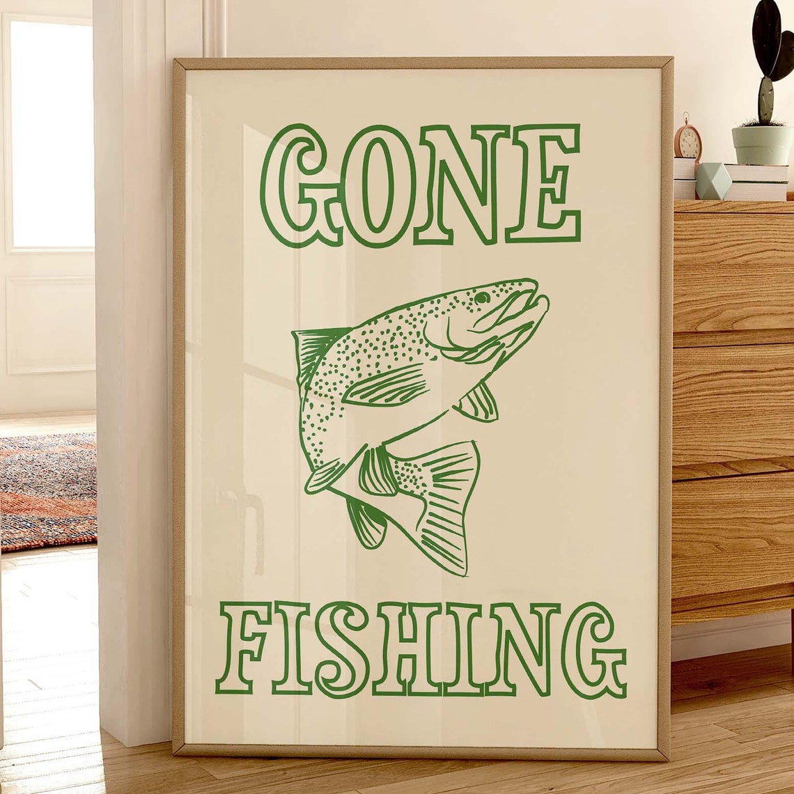 Gone Fishing Leaping Trout Line Art Green Retro Cabin Lake Poster