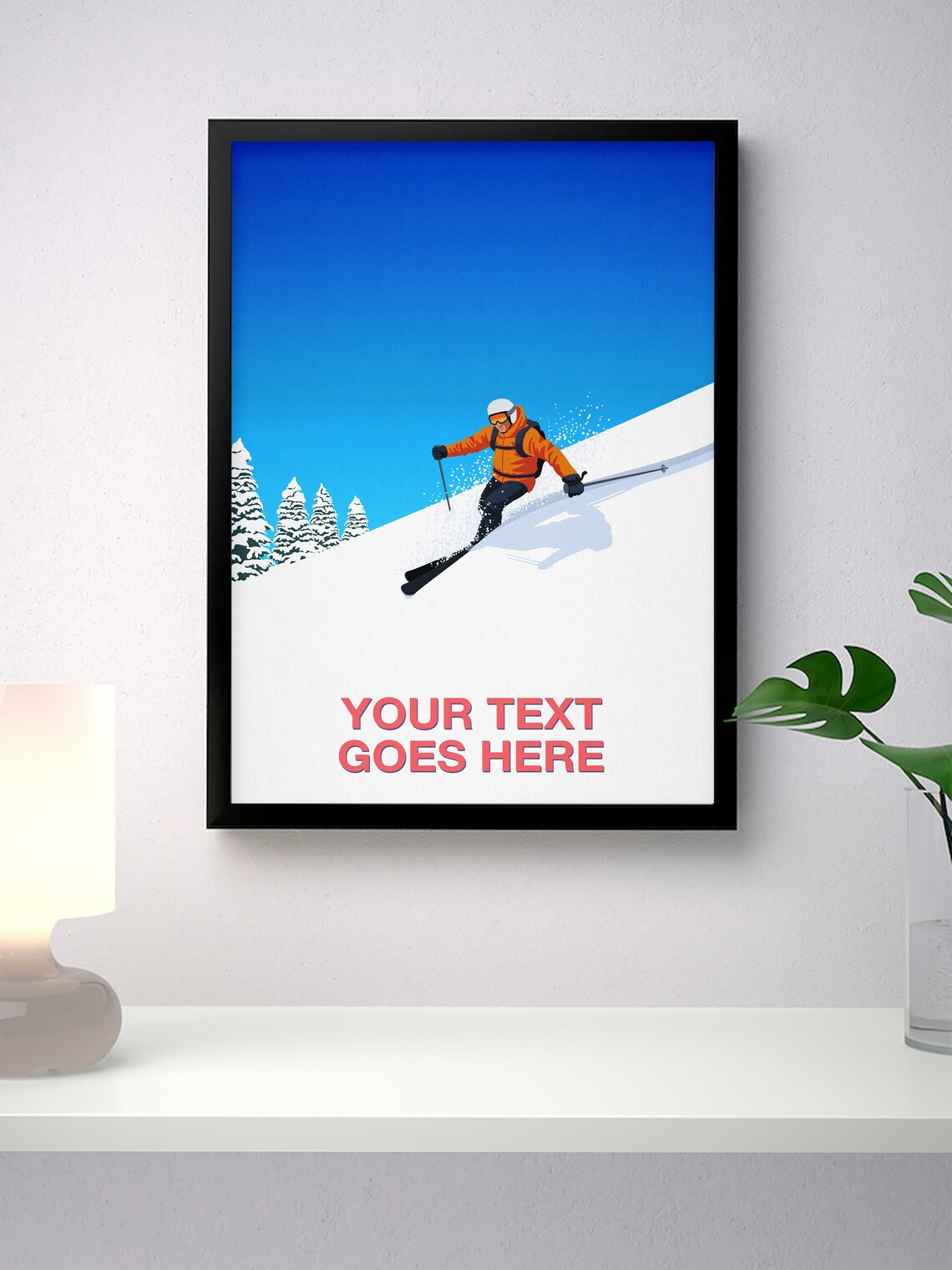 Personalised Ski Art Custom Text Orange Jacket Piste Pine Winter Poster - Image 2
