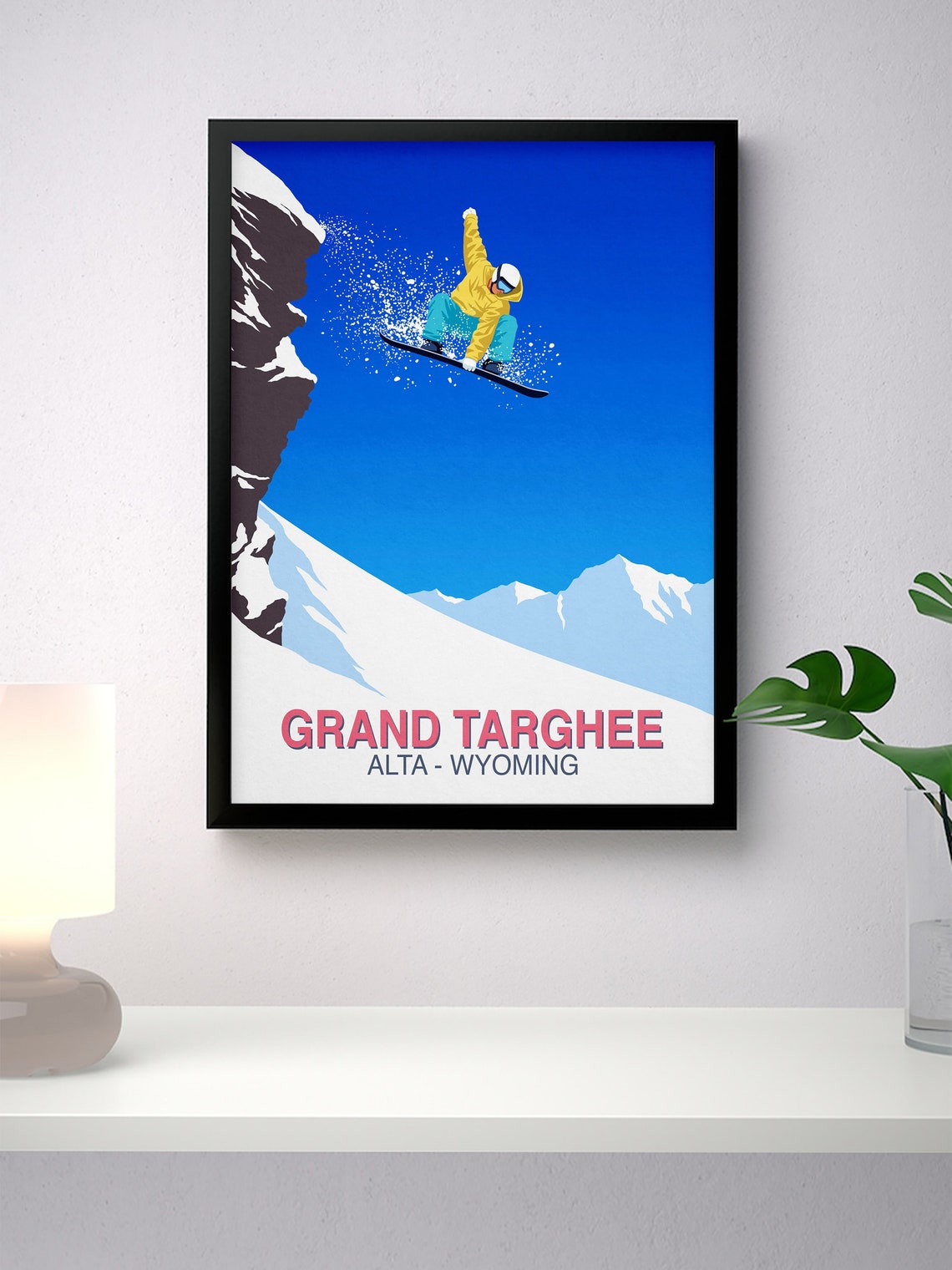 Grand Targhee Alta Wyoming Snowboarder Cliff Jump Ski Art Poster - Image 4