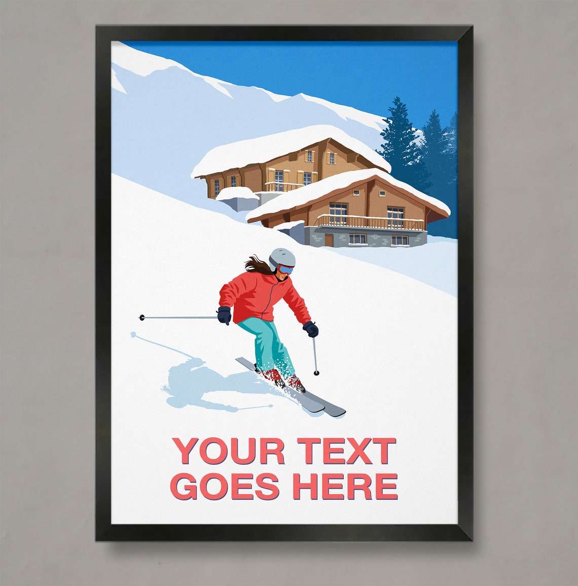 Personalised Female Skier Poster Custom Text Alpine Chalet Gift Art