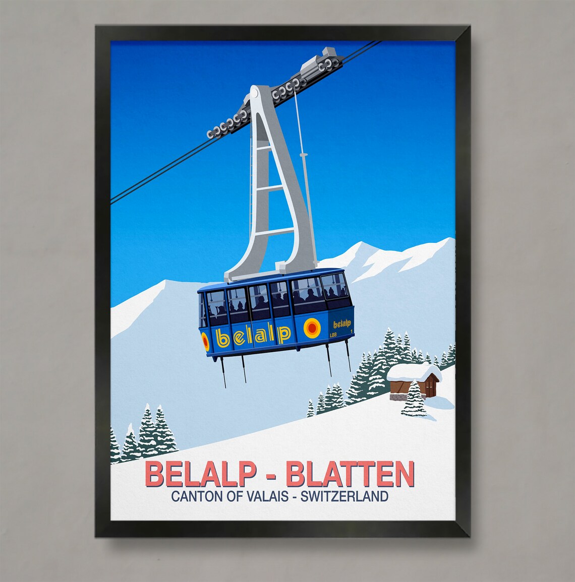 Belalp Blatten Valais Switzerland Blue Cable Car Gondola Ski Poster