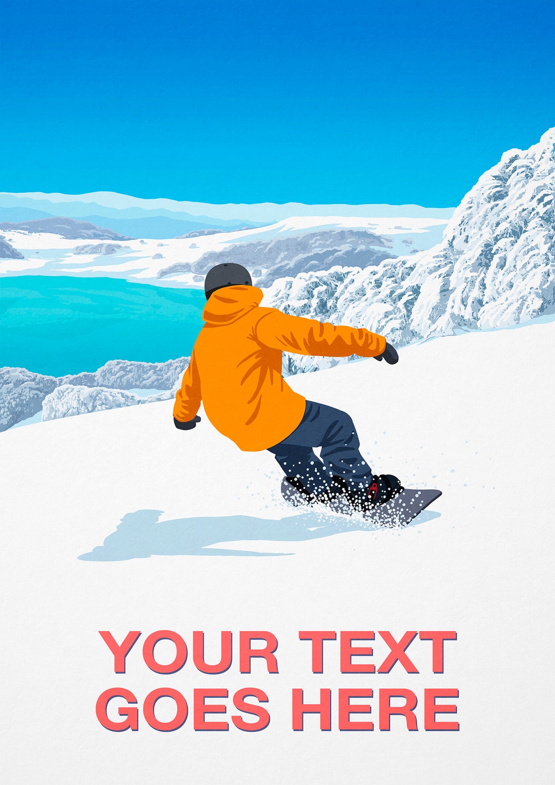 Personalised Snowboard Poster with Custom Text Rider Above Alpine Lake - Image 2