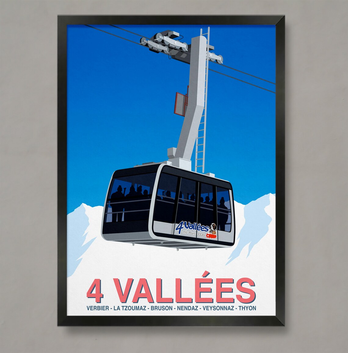 4 Vallees Verbier Mt Fort Gondola Swiss Alps Vintage Ski Art Poster