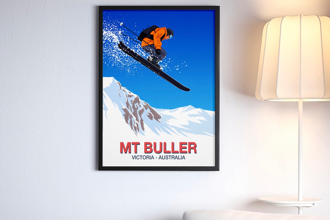 Mt Buller Ski Poster with Jumping Skier in Victoria Australia Peaks - Image 4