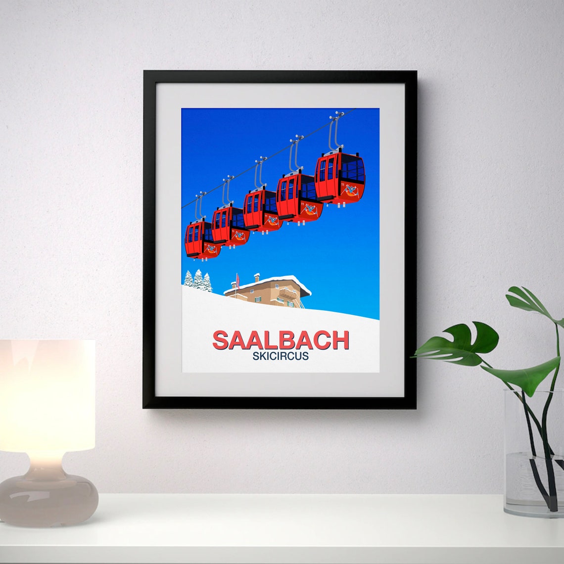 Saalbach Skicircus Ski Poster Red Gondolas Austrian Chalet Art - Image 3