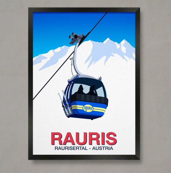 Rauris Ski Resort Poster with Blue Gondola Raurisertal Austria Peaks
