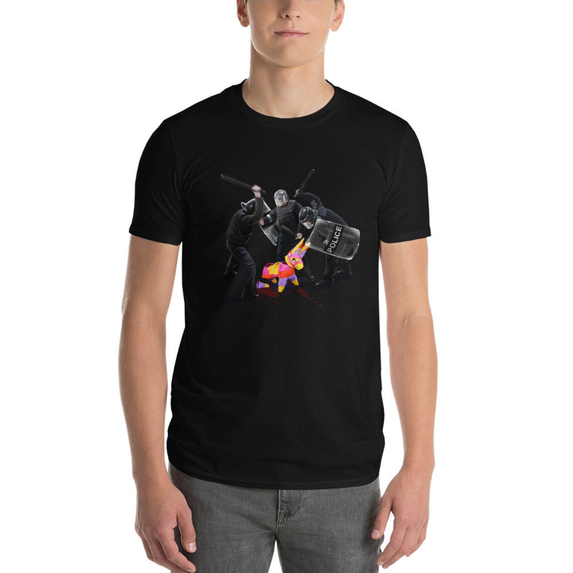 Riot Party Pinata Police Satirical Graphic Tee Short Sleeve Art Print - Image 4