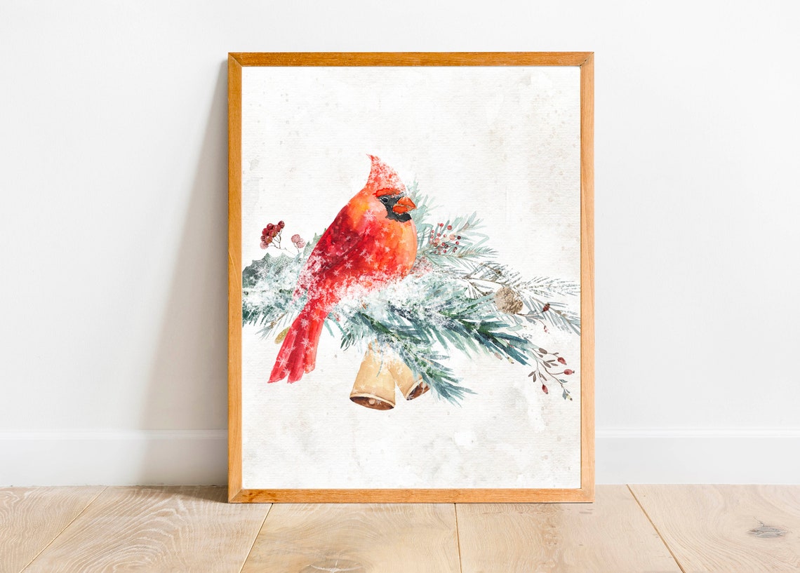 Red Cardinal On Snowy Pine Branch Golden Bells Winter Bird Poster - Image 4