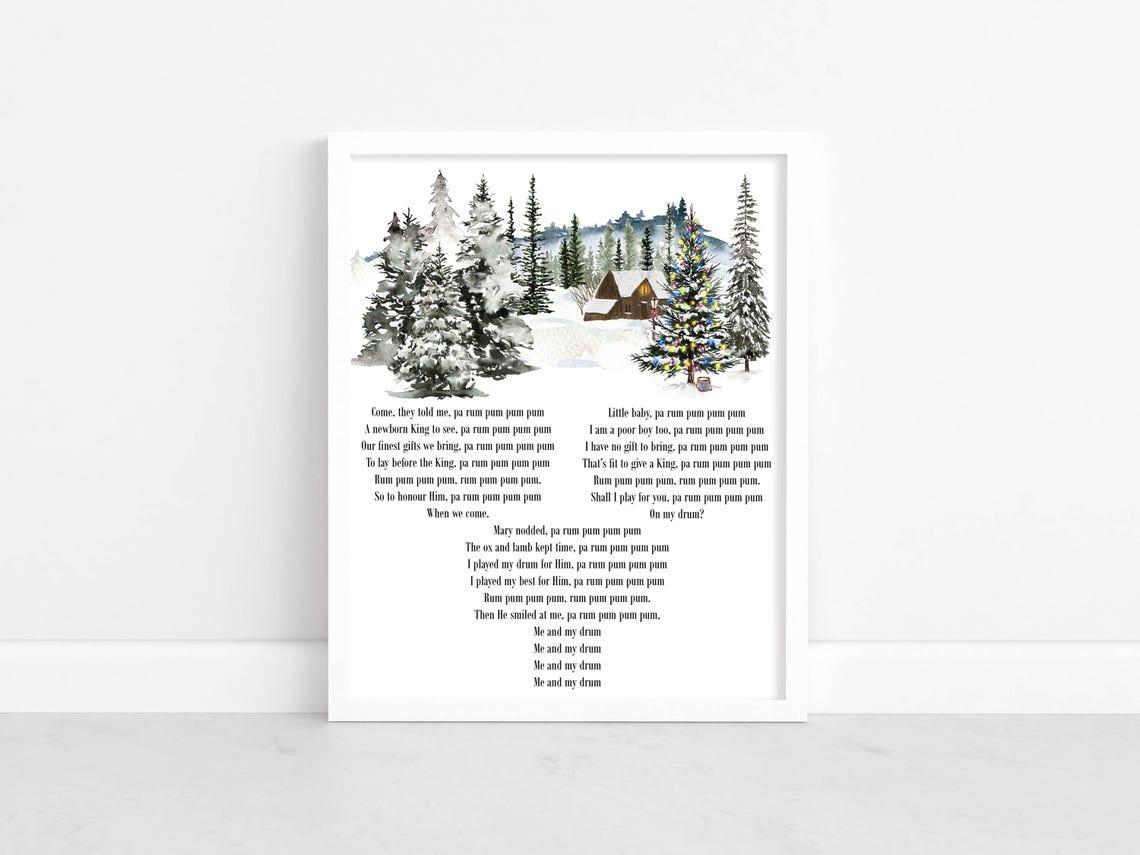 The Little Drummer Boy Song Lyrics Snowy Christmas Tree Scene Poster - Image 2