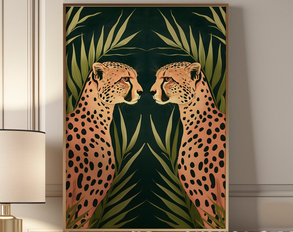 Mirrored Cheetah Pair In A Dark Jungle Art Deco Style Poster - Image 4