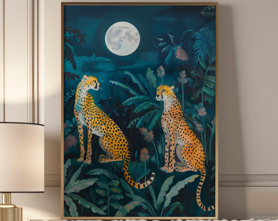 Two Leopards Under Full Moon In Tropical Jungle Night Art Poster - Image 3