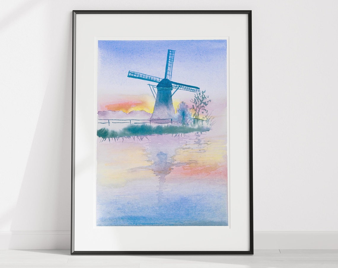 Dutch Windmill Sunset Watercolor Netherlands Landscape Poster